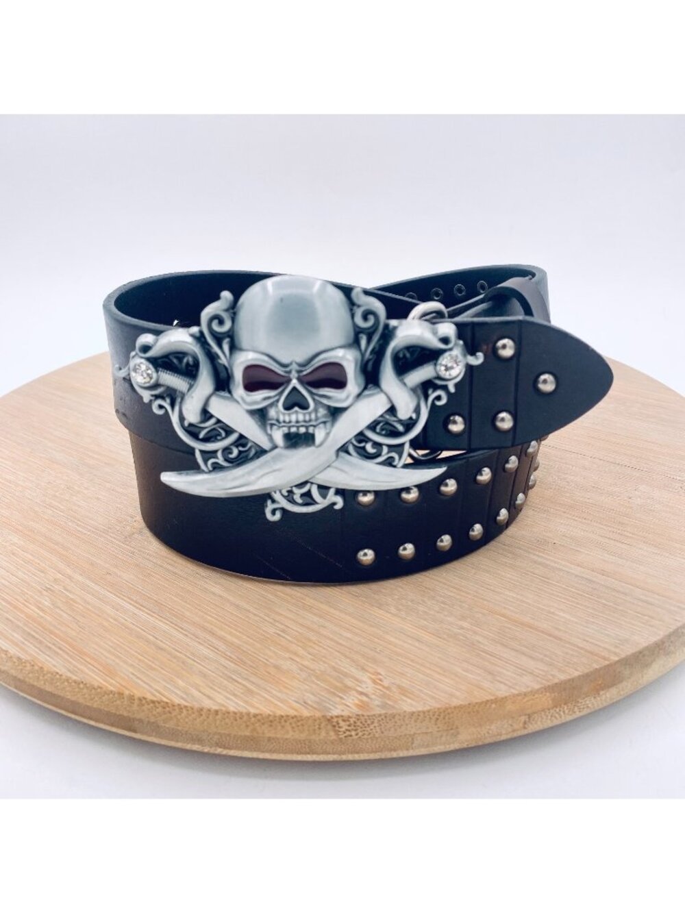 Jeans Friends Belt Womens S Black Full Grain Leather Silver Skull Buckle Pirate